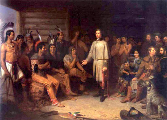 ［インディアン会議］総督代理から使者の任を託されたワシントンは、その途中、インディアンの集落に立ち寄った。そして、協力を求めるために演説を行った。
