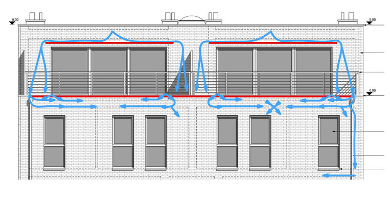 La façade du 1er et 2ème étage avec le trajet supposé des infiltrations d'eau par le parement.