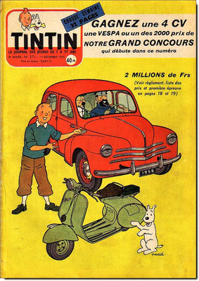 Gagnez une 4 CV au grand concours ! Couverture journal TINTIN N° 371 du 1er décembre 1955.