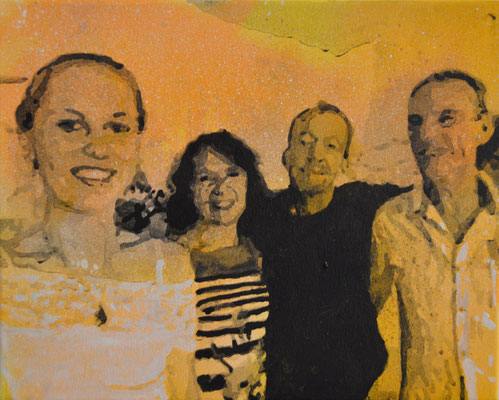 Eléonore, Cécile, Guy Limone, Patrice Mortier, 2018, acrylique sur toile, 25 cm x 30 cm