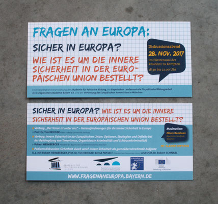 Veranstaltungsreihe: Fragen an Europa. Gestaltung und Umsetzung von Flyern und Plakaten für diverse Standorte über mehrere Jahre