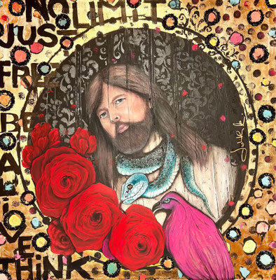 07129025  "Bunter Vogel" Acryl auf Leinwand m. Goldschlagmetall  Glassteinchen / 80x 80 x 4 cm 