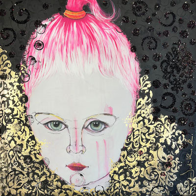 60129024 "Magenta" Acryl auf Leinwand m. Goldschlagmetall  Glassteinchen / 80x 80 x 4 cm