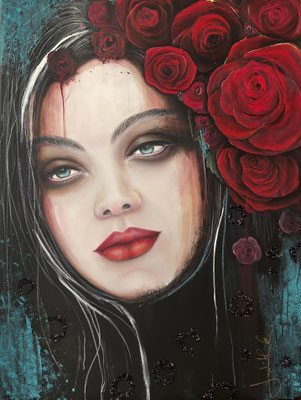 90429025 "Rote Rosen" Acryl auf Leinwand m. Glaskristallen aus Tirol / 100 x 75 x 4 cm