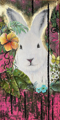 03120024 "Schneehase im Tschungel" Acryl auf Leinwand 50 x 100 x 4 cm 