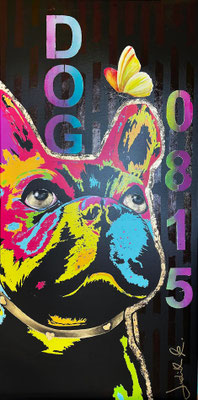 300159025 "0815 DOG 0.2": Fotoprint auf Leinwand m. Acryl Goldschlagmetall & Glaskristallen / 100 x 50 x 4 cm 