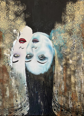 80299024  "Verkehrt" Acryl auf Leinwand m. Goldschlagmetall gerostet oxidiert / 100 x 75 x 4 cm 