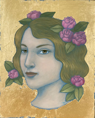 "Portrait avec Roses", peinture à l'huile sur bois de Nathalie Tousnakhoff