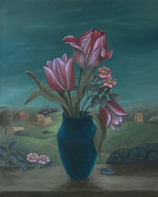 "Bouquet d'avant - Tulipa Gesneriana", huile sur bois, 28x35 cm, 2022, disponible.