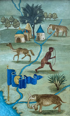 «Cosmographie Universelle», tempera sur bois, 9x15 cm, d’après Guillaume Le Testu (1526),2021, SOLD.