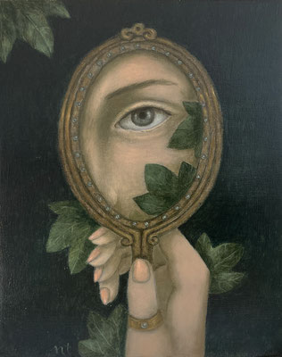 "Le Miroir au lierre", huile sur bois, 15x19 cm, 2022, SOLD