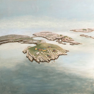 Islands, huile sur bois, 70x70 cm, 2021, disponible.