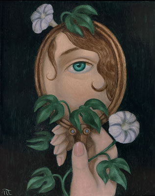 "Le Miroir au liseron", huile sur bois, 15x19 cm, 2022