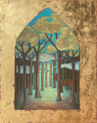 "Dans les bois", huile et feuille d'or sur bois, 20x25 cm, disponible