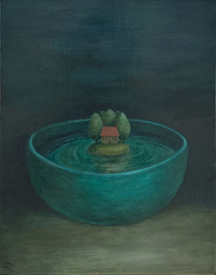 "Un bol avec une île", huile sur bois 15x19 cm, 2023