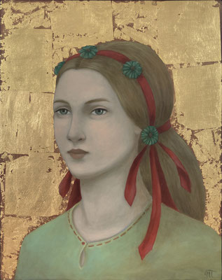 "Portrait aux rubans rouges", peinture à l'huile sur bois de Nathalie Tousnakhoff