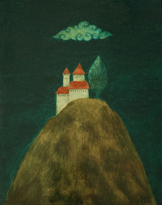 "Le Château sur la montagne", huile sur bois, 15x19 cm, 2022, SOLD