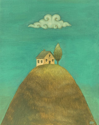 "La Maison sur la montagne", huile sur bois, 15x19 cm, 2022, SOLD