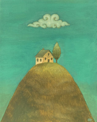 "La Maison sur la montagne", huile sur bois, 15x19 cm, 2022, SOLD