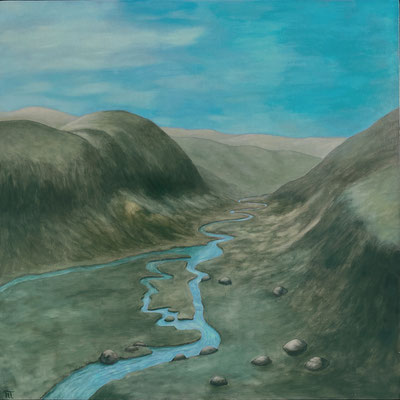 "La Vallée", huile sur bois, 70x70 cm, 2023, disponible.