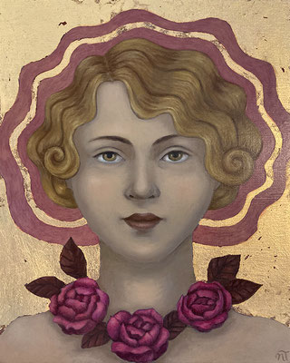 "Portrait aux 3 roses", huile et feuille d'or sur bois, 20x25 cm, 2022, SOLD