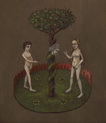 Adam et Ève, tempera sur bois, 12x14 cm, inspirée de la Chute d'Adam et Ève, Livre des Bonnes Mœurs de Jacques Legrand illustré par le Maître des Chroniques de Pise (1467), 2021, SOLD