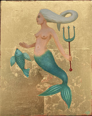 " La Sirène au Trident", huile et feuille d'or sur bois, 15x19 cm, 2023, disponible.