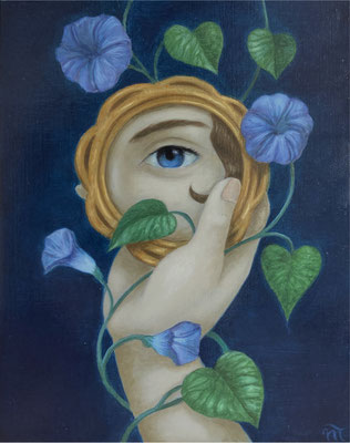 "Miroir aux volubilis", huile sur bois 15x19 cm, 2024, SOLD.