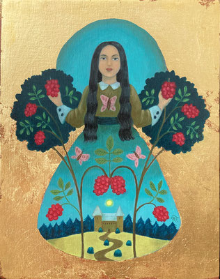 "Eden aux framboises", huile et feuille d'or sur bois, 15x19 cm, 2023, SOLD.