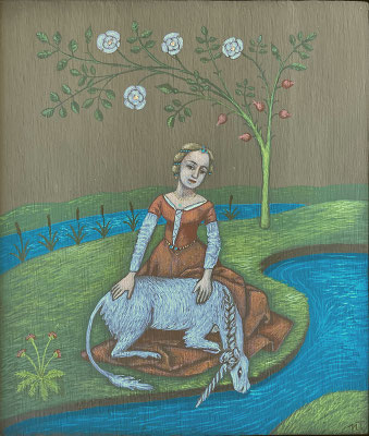 "La Licorne purifiant l'eau du Nil", tempera sur bois 12x14 cm, inspiré par Robinet Testard (Livre des Simples de Médecine 1520/1530), 2021, SOLD. 