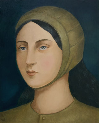 "Jeune fille au bonnet", huile sur bois 20x25 cm, 2021, SOLD