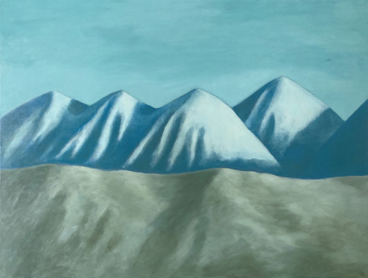 "Les Montagnes Bleues", huile sur bois, 80x60 cm, 2024, disponible.