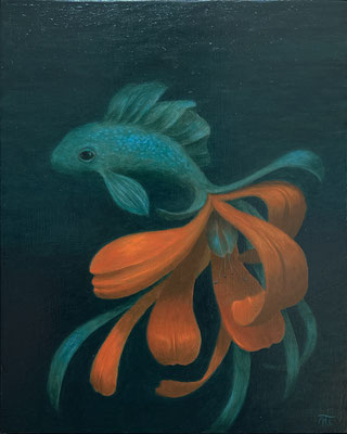 "Poisson-fleur", huile sur bois 20x25 cm, 2023.