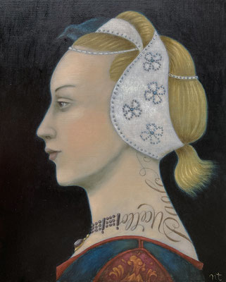 "Ucello for ever", librement inspiré de "La Jeune femme à la mode" de Paolo Ucello (1397-1475), 20x25 cm, 2022, SOLD