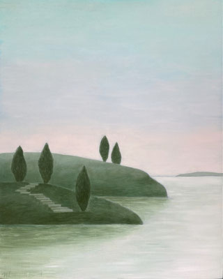 "Une Île au matin", huile sur bois, 28x35 cm, 2023, disponible.