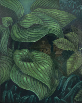 "Secret de jardin", huile sur bois, 20x25 cm, 2023, SOLD