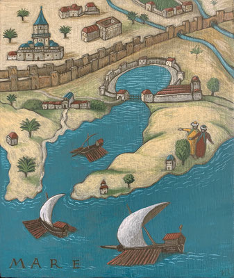 "Le port d'Alexandrie, tempera sur bois 12x14 cm, inspiré du Civitates Orbis Terrarum, (1575), 2022, SOLD