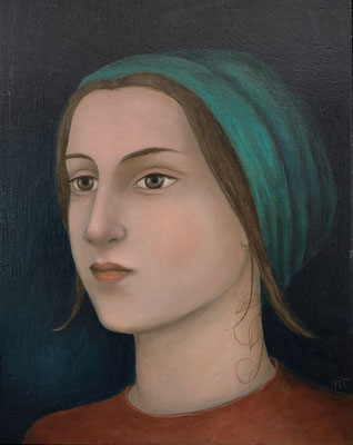 "Portrait au foulard", huile sur bois, 20x25 cm, 2023, SOLD