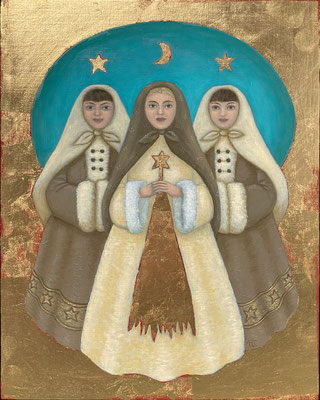 "Les 3 Sœurs"", huile et feuille d'or sur bois, 20x25 cm, 2023.