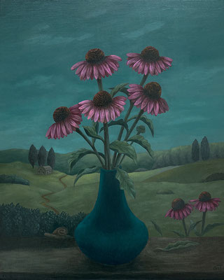 "Bouquet d'avant - Echinacea", huile sur bois, 28x35 cm, 2022