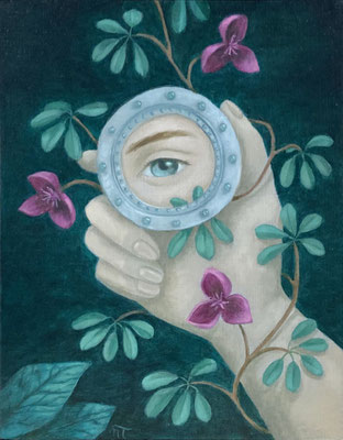 "Miroir Akébia Quinata", huile sur bois 15x19 cm, 2024, SOLD