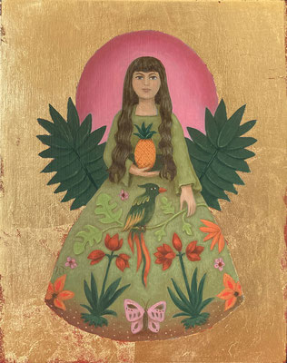 "Eden des Tropiques", huile et feuille d'or sur bois, 15x19 cm, 2023, SOLD.