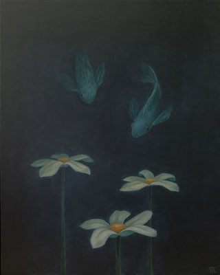 "Sous l'eau IX"(Trois fleurs blanches), huile sur bois 28x33 cm, 2023.