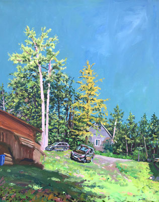 Two Cars Nobleboro, ME Flashe on linen 30 x 24" 2021