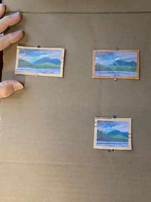 Three Little oil paintings on birch bark, 2022