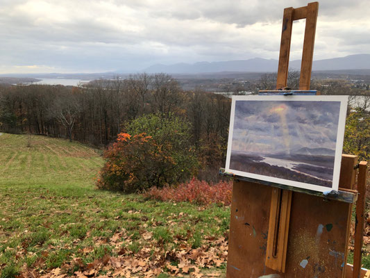 Olana Sunrays , oil on canvas on board, 8 x 11'  (in situ November 5th. 2022)