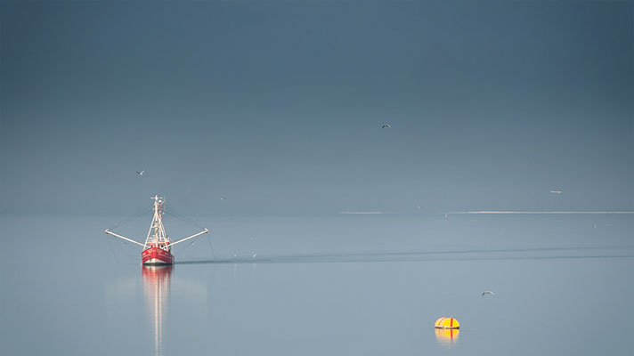 Fischerboot rot mit Masten weiß und Tonne gelb bei Tönning Eider-Sperrwerk Deutschland
