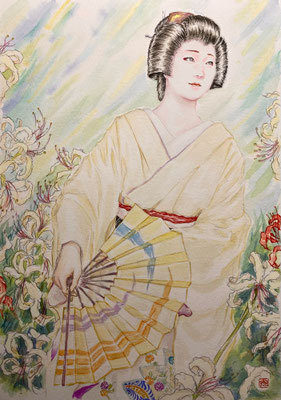 65：若柳流「御所のお庭」彼岸花の景（18×26㎝）