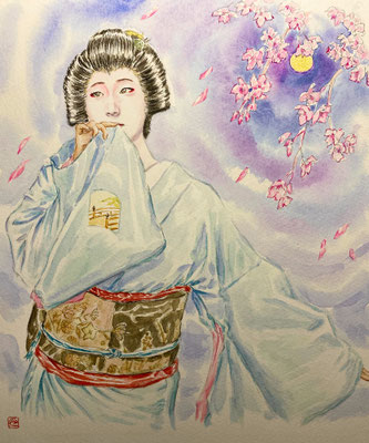 23：京舞井上流「祇園小唄」祇園甲部（紅枝垂れ桜の景）（18×22㎝）