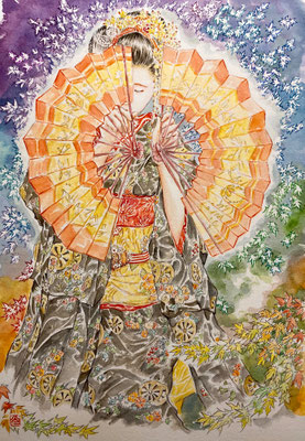 60：若柳流「紅葉の橋」宮川町・五色紅葉の景（18×26㎝）